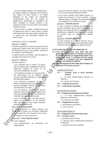 Im
prim
erie
O
fficielle
de
la
République
Tunisienne
─ 189 ─
− Sous (b) Comptes d'attente et de régularisation :
les suspens créditeurs à régulariser qui ne peuvent
être imputés de façon certaine à un compte
déterminé ou qui exigent une information
complémentaire ainsi que les comptes de
régularisation représentant la contrepartie des
pertes constatées en résultat, relatives à des
opérations de bilan ou de hors bilan et les produits
constatés d'avance.
− Sous (c) Autres : les dettes à l'égard des tiers qui
ne figurent pas dans les autres postes de passif
ainsi que les provisions pour risques et charges qui
ne peuvent pas être directement déduites des
postes d'actif.
POSTES DE CAPITAUX PROPRES
Poste CP 1 : Capital
Ce poste correspond à la valeur nominale des actions
composant le capital social, ainsi que des titres qui
en tiennent lieu ou qui y sont assimilés notamment
les certificats d'investissement.
Le capital souscrit et non libéré , qu'il soit appelé ou
non appelé est soustrait de ce poste.
Poste CP 2 : Réserves
Ce poste comprend :
− sous (a) Primes liées au capital : les primes
liées au capital souscrit, notamment les primes
d'émission, d'apport, de fusion ou de
conversion d'obligations en actions
− sous (b) Réserves légales : les réserves dotées
par prélèvements sur les bénéfices des
exercices précédents effectués en application
des dispositions légales.
− sous (c) Réserves statutaires : les réserves
dotées par prélèvements sur les bénéfices des
exercices précédents effectués en application
des dispositions des statuts.
− sous (d) Réserves ordinaires : les réserves
dotées par prélèvements sur les bénéfices des
exercices précédents effectués sur décision de
l'assemblée générale des actionnaires.
− sous (e) Autres réserves : les autres réserves
dotées par prélèvements sur les bénéfices
telles que les fonds pour risques bancaires
généraux et le fonds social.
Poste CP 3 : Actions propres
Ce poste comprend les actions détenues par
l'établissement bancaire sur lui-même, notamment
en vue de réguler les cours boursiers de ses actions.
Ce poste figure de façon soustractive.
Poste CP 4 : Autres capitaux propres
Ce poste comprend :
- sous (a) Subventions : les subventions non
remboursables.
- sous (b) Ecart de réévaluation : les écarts constatés
lors de la réévaluation d'éléments du bilan.
- sous (c) titres assimilés à des capitaux propres : le
produit des émissions de titres assimilés à des
capitaux propres, notamment les titres participatifs
et les obligations convertibles en actions.
Poste CP 5 : Résultats reportés
Ce poste comprend la fraction des bénéfices des
exercices précédents qui n'ont pas été distribués ou
affectés à un compte de réserves, ainsi que l'effet des
modifications comptables non imputé sur le résultat
de l'exercice, dans les rubriques des capitaux
propres.
Poste CP 6 : Résultat de l'exercice
Ce poste enregistre le résultat de l'exercice. En cas
de perte, le montant du résultat est présenté de façon
soustractive dans la rubrique des capitaux propres.
L'ETAT DES ENGAGEMENTS HORS BILAN
13 L'état des engagements hors bilan doit faire
apparaître distinctement les rubriques suivantes :
les passifs éventuels, les engagements donnés et les
engagements reçus. Le montant total des passifs
éventuels et le montant total des engagements
donnés y sont également indiqués.
14 L'état des engagements hors bilan doit renseigner au
minimum sur les postes suivants :
PASSIFS EVENTUELS
HB 1 - Cautions, avals et autres garanties
données
a - en faveur d'établissements bancaires et
financiers
b - en faveur de la clientèle
HB 2 - Crédits documentaires
HB 3 - Actifs donnés en garantie
ENGAGEMENTS DONNES
HB 4 - Engagements de financement donnés
a - en faveur d'établissements bancaires,
financiers et d'assurance.
b - en faveur de la clientèle
HB 5 - Engagements sur titres
a - participations non libérées
b - titres à recevoir
ENGAGEMENTS REÇUS
HB 6 - Engagements de financement reçus
HB 7 - Garanties reçues
a - garanties reçues de l'Etat
b - garanties reçues d'établissements bancaires
et financiers
c - garanties reçues de la clientèle
 