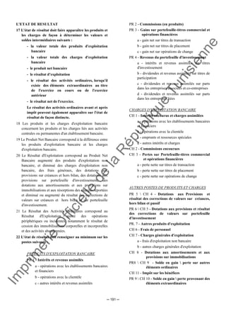 Im
prim
erie
O
fficielle
de
la
République
Tunisienne
─ 191 ─
L'ETAT DE RESULTAT
17 L'état de résultat doit faire apparaître les produits et
les charges de façon à déterminer les valeurs et
soldes intermédiaires suivants :
- la valeur totale des produits d'exploitation
bancaire
- la valeur totale des charges d'exploitation
bancaire
- le produit net bancaire
- le résultat d’exploitation
- le résultat des activités ordinaires, lorsqu'il
existe des éléments extraordinaires au titre
de l'exercice en cours ou de l'exercice
antérieur
- le résultat net de l'exercice.
Le résultat des activités ordinaires avant et après
impôt peuvent également apparaître sur l'état de
résultat de façon distincte.
18 Les produits et les charges d'exploitation bancaire
concernent les produits et les charges liés aux activités
centrales ou permanentes d'un établissement bancaire.
19 Le Produit Net Bancaire correspond à la différence entre
les produits d'exploitation bancaire et les charges
d'exploitation bancaire.
20 Le Résultat d'Exploitation correspond au Produit Net
Bancaire augmenté des produits d'exploitation non
bancaire, et diminué des charges d'exploitation non
bancaire, des frais généraux, des dotations aux
provisions sur créances et hors bilan, des dotations aux
provisions sur portefeuille d'investissement, des
dotations aux amortissements et aux provisions sur
immobilisations et aux résorptions des charges reportées
et diminué ou augmenté du résultat des corrections de
valeurs sur créances et hors bilan et sur portefeuille
d'investissement.
21 Le Résultat des Activités Ordinaires correspond au
Résultat d'Exploitation ajusté des opérations
périphériques ou incidentes, notamment le résultat de
cession des immobilisations corporelles et incorporelles
et des activités abandonnées.
22 L'état de résultat doit renseigner au minimum sur les
postes suivants :
PRODUITS D'EXPLOITATION BANCAIRE
PR 1 - Intérêts et revenus assimilés
a - opérations avec les établissements bancaires
et financiers
b - opérations avec la clientèle
c - autres intérêts et revenus assimilés
PR 2 - Commissions (en produits)
PR 3 - Gains sur portefeuille-titres commercial et
opérations financières
a - gain net sur titres de transaction
b - gain net sur titres de placement
c - gain net sur opérations de change
PR 4 - Revenus du portefeuille d'investissement
a - intérêts et revenus assimilés sur titres
d'investissement
b - dividendes et revenus assimilés sur titres de
participation
c - dividendes et revenus assimilés sur parts
dans les entreprises associées et co-entreprises
d - dividendes et revenus assimilés sur parts
dans les entreprises liées
CHARGES D'EXPLOITATION BANCAIRE
CH 1 - Intérêts encourus et charges assimilées
a - opérations avec les établissements bancaires
et financiers
b - opérations avec la clientèle
c - emprunts et ressources spéciales
d - autres intérêts et charges
CH 2 - Commissions encourues
CH 3 - Pertes sur Portefeuille-titres commercial
et opérations financières
a - perte nette sur titres de transaction
b - perte nette sur titres de placement
c - perte nette sur opérations de change
AUTRES POSTES DE PRODUITS ET CHARGES
PR 5  CH 4 - Dotations aux Provisions et
résultat des corrections de valeurs sur créances,
hors bilan et passif
PR 6  CH 5 - Dotations aux provisions et résultat
des corrections de valeurs sur portefeuille
d'investissement
PR. 7 - Autres produits d'exploitation
CH 6 - Frais de personnel
CH 7 - Charges générales d'exploitation
a - frais d'exploitation non bancaire
b - autres charges générales d'exploitation
CH 8 - Dotations aux amortissements et aux
provisions sur immobilisations
PR8  CH 9 - Solde en gain  perte sur autres
éléments ordinaires
CH 11 - Impôt sur les bénéfices
PR 9  CH 10 - Solde en gain  perte provenant des
éléments extraordinaires
 