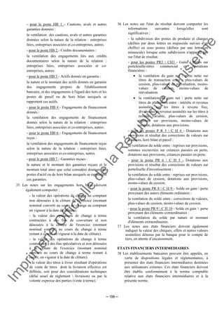 Im
prim
erie
O
fficielle
de
la
République
Tunisienne
─ 198 ─
- pour le poste HB 1 - Cautions, avals et autres
garanties données :
la ventilation des cautions, avals et autres garanties
données selon la nature de la relation : entreprises
liées, entreprises associées et co-entreprises, autres.
- pour le poste HB 2 - Crédits documentaires :
la ventilation des engagements liés aux crédits
documentaires selon la nature de la relation :
entreprises liées, entreprises associées et co-
entreprises, autres.
- pour le poste HB 3 - Actifs donnés en garantie :
la nature et le montant des actifs donnés en garantie
des engagements propres de l'établissement
bancaire, et des engagements à l'égard des tiers et les
postes de passif ou de hors bilan auxquels se
rapportent ces actifs.
- pour le poste HB 4 - Engagements de financement
donnés :
la ventilation des engagements de financement
donnés selon la nature de la relation : entreprises
liées, entreprises associées et co-entreprises, autres.
- pour le poste HB 6 - Engagements de financement
reçus :
la ventilation des engagements de financement reçus
selon la nature de la relation : entreprises liées,
entreprises associées et co-entreprises, autres.
- pour le poste HB 7 - Garanties reçues :
la nature et le montant des garanties reçues et le
montant total ainsi que celui considéré douteux des
postes d'actif ou de hors bilan auxquels se rapportent
ces garanties.
35 Les notes sur les engagements hors bilan doivent
également comporter :
- la valeur des opérations de change au comptant
non dénouées à la clôture de l'exercice (montant
nominal converti au cours de change au comptant
en vigueur à la date de clôture).
- la valeur des opérations de change à terme
contractées à des fins de couverture et non
dénouées à la clôture de l'exercice (montant
nominal converti au cours de change à terme
restant à courir, en vigueur à la date de clôture).
- la valeur des opérations de change à terme
contractées à des fins spéculatives et non dénouées
à la clôture de l'exercice (montant nominal
converti au cours de change à terme restant à
courir, en vigueur à la date de clôture).
- la valeur des titres à livrer résultant d'opérations
de vente de titres dont la livraison effective est
différée, soit pour des considérations techniques
(délai usuel de règlement  livraison) ou par la
volonté expresse des parties (vente à terme).
36 Les notes sur l'état de résultat doivent comporter les
informations suivantes lorsqu'elles sont
significatives :
- la subdivision des postes de produits et charges
(définis par deux lettres en majuscule suivies d'un
chiffre) en sous postes (définis par une lettre en
minuscule) lorsque cette subdivision n'apparaît pas
sur l'état de résultat.
- pour les postes PR3  CH3 - Gains / Pertes sur
portefeuille-titres commercial et opérations
financières :
• la ventilation du gain net  perte nette sur
titres de transaction entre : plus-values de
cession, plus-values de réévaluation, moins-
values de cession, moins-values de
réévaluation.
• la ventilation du gain net  perte nette sur
titres de placement entre : intérêts et revenus
assimilés sur les titres à revenu fixe,
dividendes et revenus assimilés sur les titres à
revenu variable, plus-values de cession,
reprises sur provisions, moins-values de
cession, dotations aux provisions.
- pour les postes P R 5  C H 4 - Dotations aux
provisions et résultat des corrections de valeurs sur
créances, hors bilan et passif :
la ventilation du solde entre : reprises sur provisions,
sommes recouvrées sur créances passées en perte,
dotations aux provisions, créances passées en perte.
- pour le poste PR 6  C H 5 - Dotations aux
provisions et résultat des corrections de valeurs sur
portefeuille d'investissement :
la ventilation du solde entre : reprises sur provisions,
plus-values de cession, dotations aux provisions,
moins-values de cession.
- pour le poste PR 8  C H 9 - Solde en gain  perte
provenant des autres éléments ordinaires :
la ventilation du solde entre : corrections de valeurs,
plus-values de cession, moins-values de cession.
- pour le poste PR 9  C H 10 - Solde en gain  perte
provenant des éléments extraordinaires :
la ventilation du solde par nature et montant
d'éléments extraordinaires.
37 Les notes aux états financiers doivent également
indiquer la valeur des chèques, effets et autres valeurs
assimilées détenus par la banque pour le compte de
tiers, en attente d’encaissement.
ETATS FINANCIERS INTERMEDIAIRES
38 Les établissements bancaires peuvent être appelés, en
vertu de dispositions légales et réglementaires, à
présenter des états financiers intermédiaires destinées
aux utilisateurs externes. Ces états financiers doivent
être établis conformément à la norme comptable
relative aux états financiers intermédiaires et à la
présente norme.
 