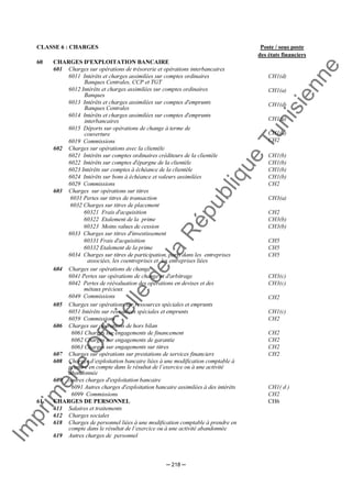 Im
prim
erie
O
fficielle
de
la
République
Tunisienne
─ 218 ─
CLASSE 6 : CHARGES Poste / sous poste
des états financiers
60 CHARGES D'EXPLOITATION BANCAIRE
601 Charges sur opérations de trésorerie et opérations interbancaires
6011 Intérêts et charges assimilées sur comptes ordinaires
Banques Centrales, CCP et TGT
6012 Intérêts et charges assimilées sur comptes ordinaires
Banques
6013 Intérêts et charges assimilées sur comptes d'emprunts
Banques Centrales
6014 Intérêts et charges assimilées sur comptes d'emprunts
interbancaires
6015 Déports sur opérations de change à terme de
couverture
6019 Commissions
CH1(d)
CH1(a)
CH1(d)
CH1(a)
CH1(d)
CH2
602 Charges sur opérations avec la clientèle
6021 Intérêts sur comptes ordinaires créditeurs de la clientèle
6022 Intérêts sur comptes d'épargne de la clientèle
6023 Intérêts sur comptes à échéance de la clientèle
6024 Intérêts sur bons à échéance et valeurs assimilées
6029 Commissions
CH1(b)
CH1(b)
CH1(b)
CH1(b)
CH2
603 Charges sur opérations sur titres
6031 Pertes sur titres de transaction
6032 Charges sur titres de placement
60321 Frais d'acquisition
60322 Etalement de la prime
60323 Moins values de cession
6033 Charges sur titres d'investissement
60331 Frais d'acquisition
60332 Etalement de la prime
6034 Charges sur titres de participation, parts dans les entreprises
associées, les coentreprises et les entreprises liées
CH3(a)
CH2
CH3(b)
CH3(b)
CH5
CH5
CH5
604 Charges sur opérations de change
6041 Pertes sur opérations de change et d'arbitrage
6042 Pertes de réévaluation des opérations en devises et des
métaux précieux
6049 Commissions
CH3(c)
CH3(c)
CH2
605 Charges sur opérations sur ressources spéciales et emprunts
6051 Intérêts sur ressources spéciales et emprunts
6059 Commissions
CH1(c)
CH2
606 Charges sur opérations de hors bilan
6061 Charges sur engagements de financement
6062 Charges sur engagements de garantie
6063 Charges sur engagements sur titres
CH2
CH2
CH2
607 Charges sur opérations sur prestations de services financiers CH2
608 Charges d’exploitation bancaire liées à une modification comptable à
prendre en compte dans le résultat de l’exercice ou à une activité
abandonnée
609 Autres charges d'exploitation bancaire
6091 Autres charges d'exploitation bancaire assimilées à des intérêts CH1( d )
6099 Commissions CH2
61 CHARGES DE PERSONNEL CH6
611 Salaires et traitements
612 Charges sociales
618 Charges de personnel liées à une modification comptable à prendre en
compte dans le résultat de l’exercice ou à une activité abandonnée
619 Autres charges de personnel
 