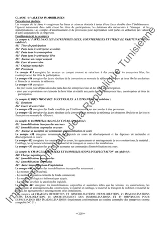 Im
prim
erie
O
fficielle
de
la
République
Tunisienne
─ 229 ─
CLASSE 4: VALEURS IMMOBILISEES
Présentation générale
Les comptes de la classe 4 enregistrent les biens et créances destinés à rester d’une façon durable dans l’établissement.
Figurent notamment dans cette classe les titres de participations, les dotations des succursales à l’étranger et les
immobilisations. Les comptes d’amortissement et de provisions pour dépréciation sont portés en déduction des valeurs
d’actifs auxquelles ils se rapportent.
Fonctionnement des comptes
Le compte 41 PARTS DANS LES ENTREPRISES LIEES, COENTREPRISES ET TITRES DE PARTICIPATION est
subdivisé :
411 Titres de participation
412 Parts dans les entreprises associées
413 Parts dans les coentreprises
414 Parts dans les entreprises liées
415 Avances en compte courant
416 Ecart de conversion
417 Créances rattachées
419 Provisions
Le compte 415 enregistre les avances en compte courant se rattachant à des parts dans les entreprises liées, les
coentreprises et les titres de participation.
Le compte 416 enregistre les écarts résultant de la conversion en monnaie de référence des parts et titres libellés en devises
et financés en monnaie de référence.
Le compte 419 enregistre:
- les provisions pour dépréciation des parts dans les entreprises liées et des titres de participation.
- ainsi que les provisions sur éléments du hors bilan et relatifs aux parts dans les entreprises liées, coentreprises et titres de
participation
Le compte 42 DOTATIONS DES SUCCURSALES A L’ETRANGER est subdivisé :
421 Dotations
422 Ecarts de conversion
Le compte 421 enregistre les fonds transférés par l’établissement à ses succursales à titre permanent.
Le compte 422 enregistre les écarts résultant de la conversion en monnaie de référence des dotations libellées en devises et
financées en monnaie de référence.
Le compte 43 IMMOBILISATIONS EN COURS est subdivisé :
431 Immobilisations incorporelles en cours
432 Immobilisations corporelles en cours
433 Avances et acomptes sur commandes d'immobilisation en cours
Le compte 431 enregistre notamment les logiciels en cours de développement et les dépenses de recherche et
développement en cours.
Le compte 432 enregistre les constructions en cours, les agencements et aménagements de ces constructions, le matériel ,
l'outillage, les systèmes informatiques, le matériel de transport en cours et les installations.
Le compte 433 enregistre les avances et acomptes sur commandes d'immobilisations en cours.
Le compte 44 CHARGES REPORTEES ET IMMOBILISATIONS D’EXPLOITATION est subdivisé :
440 Charges reportées
441 Immobilisations incorporelles
442 Immobilisations corporelles
445 Autres immobilisations d'exploitation
Le compte 441 enregistre les immobilisations incorporelles notamment :
- Le montant du droit au bail,
- Le montant des autres éléments de fonds commercial,
- Le montant des logiciels informatiques acquis,
- Le montant des frais de création des logiciels.
Le compte 442 enregistre les immobilisations corporelles et assimilées telles que les terrains, les constructions, les
agencements et aménagements des constructions, le matériel et outillage, le matériel de transport, le mobilier et matériel de
bureau, les agencements et aménagements et les installations.
Les comptes 44 CHARGES REPORTEES ET IMMOBILISATIONS D'EXPLOITATION, 45 IMMOBILISATIONS
HORS EXPLOITATION, 48 AMORTISSEMENT DES IMMOBILISATIONS ET 49 PROVISIONS POUR
DEPRECIATION DES IMMOBILISATIONS fonctionnent conformément au système comptable des entreprises (norme
comptable NC 01).
 