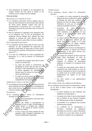 Im
prim
erie
O
fficielle
de
la
République
Tunisienne
─ 263 ─
72 Tout changement de méthode et de présentation des
comptes annuels doit être décrit et justifié et son
incidence sur les comptes doit être indiquée.
Notes sur le bilan
Mouvements sur les éléments de l'actif :
73 Les entreprises d'assurance doivent indiquer dans les
notes aux états financiers les mouvements ayant affectés
les divers postes détaillés ci-après ainsi que les
amortissements et provisions liés à ces postes. Les
informations peuvent être présentées selon le format en
annexe N° 8.
74 Pour les opérations se rapportant à des entreprises liées
et les entreprises avec un lien de participation, les
entreprises doivent indiquer pour chacune des deux
catégories le montant des parts détenues dans ces
entreprises (actions et autres titres à revenus variables).
Etat récapitulatif des placements :
75 Les entreprises doivent inclure dans les notes aux états
financiers un état récapitulatif des placements qui
reprend la valeur brute, la valeur nette et la juste valeur.
Cet état doit être présenté conformément au modèle en
annexe N° 9.
76 A la suite de l’élaboration de l’état récapitulatif des
placements, il y a lieu de préciser les informations
suivantes :
• Le montant des acomptes inclus dans le poste
terrains et constructions,
• La valeur des terrains et constructions en
distinguant les droits réels des parts de SCI
(Sociétés Civiles Immobilières) non cotées et
en faisant apparaître les immobilisations
utilisées pour les besoins de l'activité et les
autres immobilisations,
• Le solde non encore amorti de la différence
entre le prix de remboursement et la valeur
comptable des titres amortissables.
Ventilation des créances et des dettes :
77 Les entreprises doivent indiquer la ventilation selon leur
durée résiduelle des dettes et créances en distinguant la
part à moins d'un an, la part à plus d'un an et moins de
cinq ans et la part à plus de cinq ans.
Participations :
78 Les entreprises doivent fournir les informations
suivantes sur leurs participations :
• le montant des participations et des parts dans
des entreprises liées,
• la liste des filiales et participations en
indiquant le nom, le siège, le pourcentage de
capital détenu, le montant des capitaux
propres et du résultat du dernier exercice
arrêté de ces filiales,
• le nom, le siège et la forme juridique de toute
entreprise dont l'entreprise d'assurance est
l'associé indéfiniment responsable.
Capitaux propres :
79 Les entreprises doivent fournir les informations
suivantes :
• Le nombre et la valeur nominale de chaque
catégorie de titres composant le capital social
et l'étendue des droits que confèrent à leur
détenteur les titres de chaque catégorie avec
l'indication de ceux qui ont été créés ou
remboursés pendant l'exercice,
• L'existence de parts bénéficiaires,
d'obligations convertibles et de titres ou
droits similaires, avec indication de leur
nombre et de l'étendue des droits qu'ils
confèrent,
• La valeur nominale des différentes catégories
de titres de l'entreprise détenus par elle
même, ainsi que le nombre et la valeur
nominale des titres de chaque catégorie
achetés ou vendus pendant l'exercice.
• La ventilation des réserves en distinguant les
réserves statutaires et chacune des réserves
réglementaires et des autres réserves avec
leur dénomination précise,
• Le montant des éléments du bilan ayant fait
l'objet d'une réévaluation au cours de
l'exercice, en précisant, pour chaque
catégorie, la méthode de réévaluation
employée, le montant et le traitement fiscal
de l'écart,
• Le détail des mouvements ayant affecté la
composition des fonds propres au cours de
l'exercice notamment les réserves incorporées
au capital social ou au fonds commun et les
augmentations de capital ou de fonds
commun,
• Les titres soumis à une réglementation
particulière.
Titres et dettes soumis à des conditions de subordination :
80 Les entreprises doivent fournir les informations ci-après
sur les titres et dettes soumis à des conditions de
subordination :
• la nature juridique du titre (emprunt, titre
obligataire, titre participatif...),
• le montant de la dette, la devise dans laquelle
elle est libellée, le taux d'intérêt, l'échéance
ou l'indication que la dette est perpétuelle,
• la possibilité et les conditions d'un éventuel
remboursement anticipé,
• les conditions de la subordination et
l'existence éventuelle de stipulations
permettant de convertir le passif subordonné
en capital ou en une autre forme de passif
ainsi que les conditions de ces stipulations.
 