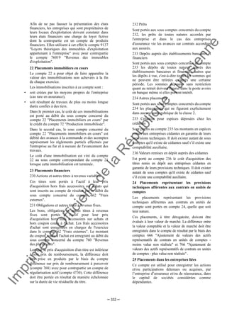 Im
prim
erie
O
fficielle
de
la
République
Tunisienne
─ 332 ─
Afin de ne pas fausser la présentation des états
financiers, les entreprises qui sont propriétaires de
leurs locaux d'exploitation doivent constater dans
leurs états financiers une charge de loyer fictive
dont la contrepartie est un compte de produits
financiers. Elles utilisent à cet effet le compte 9137
"Loyers théoriques des immeubles d'exploitation
appartenant à l'entreprise" avec pour contrepartie
le compte 76019 "Revenus des immeubles
d'exploitation".
22 Placements immobiliers en cours
Le compte 22 a pour objet de faire apparaître la
valeur des immobilisations non achevées à la fin
de chaque exercice.
Les immobilisations inscrites à ce compte sont :
• soit créées par les moyens propres de l'entreprise
(cas rare en assurance),
• soit résultant de travaux de plus ou moins longue
durée confiés à des tiers.
Dans le premier cas, le coût de ces immobilisations
est porté au débit du sous compte concerné du
compte 22 "Placements immobiliers en cours" par
le crédit du compte 72 "Production immobilisée".
Dans le second cas, le sous compte concerné du
compte 22 "Placements immobiliers en cours" est
débité des avances à la commande et des acomptes
représentant les règlements partiels effectués par
l'entreprise au fur et à mesure de l'avancement des
travaux.
Le coût d'une immobilisation est viré du compte
22 au sous compte correspondant du compte 21
lorsque cette immobilisation est terminée.
23 Placements financiers
230 Actions et autres titres à revenus variables.
Ces titres sont portés à l’actif à leur prix
d'acquisition hors frais accessoires sur achats qui
sont inscrits au compte de résultat par le débit du
sous compte concerné du compte 662 "Frais
externes".
231 Obligations et autres titres à revenus fixes.
Les bons, obligations et autres titres à revenus
fixes sont portés à l'actif pour leur prix
d'acquisition hors frais accessoires sur achats et
hors coupon couru à l'achat. Les frais accessoires
d'achat sont enregistrés en charges de l'exercice
dans le compte 662 "Frais externes". Le montant
du coupon couru à l'achat est enregistré au débit du
sous compte concerné du compte 760 "Revenus
des placements".
Lorsque le prix d'acquisition d'un titre est inférieur
à son prix de remboursement, la différence doit
être prise en produits par le biais du compte
différence sur prix de remboursement à percevoir
(compte 768) avec pour contrepartie un compte de
régularisation actif (compte 4730). Cette différence
doit être portée en résultat de manière échelonnée
sur la durée de vie résiduelle du titre.
232 Prêts
Sont portés aux sous comptes concernés du compte
232, les prêts de toutes natures accordés par
l'entreprise et dans le cas des entreprises
d'assurance vie les avances sur contrats accordées
aux assurés.
233 Dépôts auprès des établissements bancaires et
financiers
Sont portés aux sous comptes concernés du compte
233 les dépôts de toutes natures auprès des
établissements bancaires et financiers autres que
les dépôts à vue, c'est-à-dire toutes les sommes qui
ne peuvent être retirées qu'après une certaine
période. Les sommes déposées sans restriction
quant au retrait doivent figurer dans le poste avoirs
en banque même si elles portent intérêt.
234 Autres placements
Sont portés aux sous comptes concernés du compte
234 les placements qui ne figurent explicitement
dans aucune autre rubrique de la classe 2.
235 Créances pour espèces déposées chez les
cédantes
Sont portés au compte 235 les montants en espèces
versés aux entreprises cédantes en garantie de leurs
provisions techniques. Il doit exister autant de sous
comptes qu'il existe de cédantes sauf s’il existe une
comptabilité auxiliaire.
236 Valeurs remises en dépôt auprès des cédantes
Est porté au compte 236 le coût d'acquisition des
titres remis en dépôt aux entreprises cédantes en
garantie de leurs provisions techniques. Il doit exister
autant de sous comptes qu'il existe de cédantes sauf
s’il existe une comptabilité auxiliaire.
24 Placements représentant les provisions
techniques afférentes aux contrats en unités de
comptes
Les placements représentant les provisions
techniques afférentes aux contrats en unités de
compte sont portés en compte 24, quelle que soit
leur nature.
Ces placements, à titre dérogatoire, doivent être
évalués à leur valeur de marché. La différence entre
la valeur comptable et la valeur de marché doit être
enregistrée dans le compte de résultat par le biais des
comptes 666 "Ajustement de valeurs des actifs
représentatifs de contrats en unités de comptes -
moins value non réalisée" et 766 "Ajustement de
valeurs des actifs représentatifs de contrats en unités
de comptes - plus value non réalisée" .
25 Placements dans les entreprises liées
Ce compte est utilisé pour enregistrer les actions
et/ou participations détenues ou acquises, par
l’entreprise d’assurance et/ou de réassurance, dans
le capital de sociétés considérées comme
dépendantes.
 