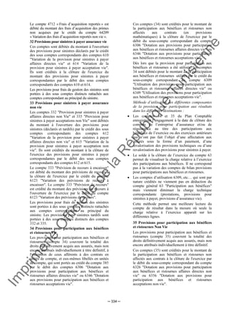 Im
prim
erie
O
fficielle
de
la
République
Tunisienne
─ 334 ─
Le compte 4712 « Frais d’acquisition reportés » est
débité du montant des frais d’acquisition des primes
non acquises par le crédit du compte 64209
« Variation des frais d’acquisition reportés non vie ».
32 Provisions pour sinistres à payer assurance vie
Ces comptes sont débités du montant à l'ouverture
des provisions pour sinistres déclarés par le crédit
des sous comptes correspondants des comptes 610
"Variation de la provision pour sinistres à payer
affaires directes vie" et 614 "Variation de la
provision pour sinistres à payer acceptation vie".
Ils sont crédités à la clôture de l'exercice du
montant des provisions pour sinistres à payer
correspondantes par le débit des sous comptes
correspondants des comptes 610 et 614.
Les provisions pour frais de gestion des sinistres sont
portées à des sous comptes distincts rattachés aux
comptes correspondant au principal du sinistre.
33 Provisions pour sinistres à payer assurance
non vie
Les comptes 332 "Provision pour sinistres à payer
affaires directes non Vie" et 335 "Provision pour
sinistres à payer acceptations non Vie" sont débités
du montant à l'ouverture des provisions pour
sinistres (déclarés et tardifs) par le crédit des sous
comptes correspondants des comptes 612
"Variation de la provision pour sinistres à payer
affaires directes non vie" et 615 "Variation de la
provision pour sinistres à payer acceptation non
vie". Ils sont crédités du montant à la clôture de
l'exercice des provisions pour sinistres à payer
correspondantes par le débit des sous comptes
correspondants des comptes 612 et 615.
Le compte 333 "Prévision de recours à encaisser"
est débité du montant des prévisions de recours à
la clôture de l'exercice par le crédit du compte
6123 "Variation des prévisions de recours à
encaisser". Le compte 333 "Prévision de recours"
est crédité du montant des prévisions de recours à
l'ouverture de l'exercice par le débit du compte
6123 "Variation des prévisions de recours".
Les provisions pour frais de gestion des sinistres
sont portées à des sous comptes distincts rattachés
aux comptes correspondant au principal du
sinistre. Les provisions pour sinistres tardifs sont
portées à des sous comptes distincts des comptes
332 et 335.
34 Provisions pour participation aux bénéfices
et ristournes Vie
Les provisions pour participation aux bénéfices et
ristournes (compte 34) couvrent la totalité des
droits définitivement acquis aux assurés, mais non
encore attribués individuellement à titre définitif, à
l'exception de ceux afférents à des contrats en
unités de compte, et eux-mêmes libellés en unités
de compte, qui sont portés au crédit du compte 385
par le débit des comptes 6306 "Dotation aux
provisions pour participation aux bénéfices et
ristournes affaires directes vie" ou 6346 "Dotation
aux provisions pour participation aux bénéfices et
ristournes acceptations vie".
Ces comptes (34) sont crédités pour le montant de
la participation aux bénéfices et ristournes non
affectés aux contrats (en provisions
mathématiques) à la clôture de l'exercice par le
débit du sous-compte correspondant du compte
6306 "Dotation aux provisions pour participation
aux bénéfices et ristournes affaires directes vie" ou
6346 "Dotation aux provisions pour participation
aux bénéfices et ristournes acceptations vie".
Dès lors que la provision pour participation aux
bénéfices et ristournes a été utilisée, les comptes
34 sont débités pour le montant de la participation
aux bénéfices et ristournes utilisés par le crédit du
sous-compte correspondant du compte 6309
"Utilisation des provisions pour participation aux
bénéfices et ristournes affaires directes vie" ou
6349 "Utilisation des provisions pour participation
aux bénéfices et ristournes acceptations vie".
Méthode d’utilisation des différentes composantes
de la provision pour participation aux résultats
dans les différentes destinations :
• Les comptes 34 et 35 du Plan Comptable
enregistrent l’engagement à la date de clôture des
comptes de l’entreprise d’assurance et/ou de
réassurance au titre des participations aux
bénéfices de l’exercice ou des exercices antérieurs
qui n’ont pas fait l’objet d’une affectation aux
assurés sous la forme d’un paiement, d’une
revalorisation des provisions techniques ou d’une
revalorisation des provisions pour sinistres à payer.
• Le solde à la clôture de l’exercice du compte 63
permet de visualiser la charge relative à l’exercice
des participations aux bénéfices. Il ne correspond
pas à la variation des comptes de bilan provisions
pour participations aux bénéfices et ristournes.
• Les comptes d’utilisation 6309, etc… qui sont par
nature crédités ne viennent pas en déduction du
compte général 63 "Participation aux bénéfices"
mais viennent diminuer la charge technique
correspondante (prestations, provisions pour
sinistres à payer, provisions d’assurance vie).
Cette méthode permet une meilleure lecture du
compte de résultat dans la mesure où seule la
charge relative à l’exercice apparaît sur les
différentes lignes.
35 Provisions pour participation aux bénéfices
et ristournes Non Vie
Les provisions pour participation aux bénéfices et
ristournes (compte 35) couvrent la totalité des
droits définitivement acquis aux assurés, mais non
encore attribués individuellement à titre définitif.
Ces comptes (35) sont crédités pour le montant de
la participation aux bénéfices et ristournes non
affectés aux contrats à la clôture de l'exercice par
le débit du sous-compte correspondant du compte
6326 "Dotation aux provisions pour participation
aux bénéfices et ristournes affaires directes non
vie" ou 6356 "Dotation aux provisions pour
participation aux bénéfices et ristournes
acceptations non vie".
 