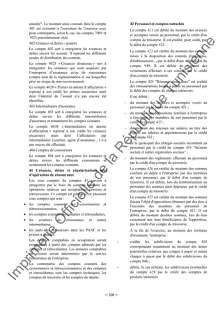 Im
prim
erie
O
fficielle
de
la
République
Tunisienne
─ 336 ─
annuler". Le montant ainsi constaté dans le compte
401 est extourné à l'ouverture de l'exercice avec
pour contrepartie, selon le cas, les comptes 7005 et
7025 précédemment cités.
402 Créances et dettes - assurés
Le compte 402 sert à enregistrer les créances et
dettes envers les assurés. Il reprend les différents
modes de distribution des contrats.
Le compte 4025 « Créances douteuses » sert à
enregistrer les créances qui sont acquises par
l’entreprise d’assurance et/ou de réassurance
compte tenu de la réglementation et sur lesquelles
pèse un risque de non-recouvrement.
Le compte 4028 « Primes en attente d’affectation »
reprend à son crédit les primes encaissées mais
dont l’identité de l’assuré n’a pas encore été
identifiée.
403 Intermédiaires d'assurance
Le compte 403 sert à enregistrer les créances et
dettes envers les différents intermédiaires
d'assurance et notamment les comptes courants.
Le compte 4038 « Intermédiaires en attente
d’affectation » reprend à son crédit les créances
encaissées mais dont l’affectation par
intermédiaires (courtier, agent d’assurance…) n’a
pas encore été effectuée.
404 Comptes de coassureurs
Le compte 404 sert à enregistrer les créances et
dettes envers les différents coassureurs et
notamment les comptes courants.
41 Créances, dettes et régularisations nées
d'opérations de réassurance
Les sous comptes du comptes 41 servent à
enregistrer par le biais de comptes courants les
opérations relatives aux acceptations, cessions et
rétrocessions. Ce compte est subdivisé en plusieurs
sous comptes qui sont :
• les comptes courants des cessionnaires et
rétrocessionnaires,
• les comptes courants des cédantes et rétrocédantes,
• les courtiers de réassurance et autres
intermédiaires,
• les parts des réassureurs dans les PANE et les
primes à annuler.
Les données comptables en acceptation seront
enregistrées à partir des comptes adressés par les
cédantes et rétrocédantes. Les données comptables
en cession seront déterminées par le service
réassurance de l'entreprise.
La contrepartie des comptes courants des
cessionnaires et rétrocessionnaires et des cédantes
et rétrocédantes sont les comptes techniques, les
comptes de trésorerie et les comptes de dépôts.
42 Personnel et comptes rattachés
Le compte 421 est débité du montant des avances
et acomptes versés au personnel, par le crédit d'un
compte de trésorerie. Il est crédité, pour solde, par
le débit du compte 425.
Le compte 422 est crédité du montant des sommes
mises à la disposition des comités d'entreprise,
d'établissement..., par le débit d'une subdivision du
compte 949. Il est débité du montant des
versements effectués à ces comités par le crédit
d'un compte de trésorerie.
Le compte 425 "Rémunérations dues" est crédité
des rémunérations brutes à payer au personnel par
le débit des comptes de charges intéressés.
Il est débité :
- du montant des avances et acomptes versés au
personnel par le crédit du compte 421 ;
- du montant des oppositions notifiées à l'entreprise
à l'encontre des membres de son personnel par le
crédit du compte 427 ;
- du montant des retenues sur salaires au titre des
impôts sur salaires et appointements par le crédit
du compte 432 ;
- de la quote-part des charges sociales incombant au
personnel par le crédit du compte 453 "Sécurité
sociale et autres organismes sociaux" ;
- du montant des règlements effectués au personnel
par le crédit d'un compte de trésorerie.
Le compte 426 est crédité du montant des sommes
confiées en dépôt à l'entreprise par des membres
de son personnel, par le débit d'un compte de
trésorerie. Il est débité, lors du remboursement au
personnel des sommes ainsi déposées, par le crédit
d'un compte de trésorerie.
Le compte 427 est crédité du montant des sommes
faisant l'objet d'oppositions obtenues par des tiers à
l'encontre des membres du personnel de
l'entreprise, par le débit du compte 421. Il est
débité du montant desdites sommes, lors de leur
versement aux tiers bénéficiaires de l'opposition,
par le crédit d'un compte de trésorerie.
A la fin de l'exercice, au moment des écritures
d'inventaire, l'entreprise :
- crédite les subdivisions du compte 428
correspondant notamment au montant des dettes
potentielles relatives aux congés à payer et autres
charges à payer par le débit des subdivisions du
compte 946 ;
- débite, le cas échéant, les subdivisions éventuelles
du compte 428 par le crédit des comptes de
produits intéressés.
 