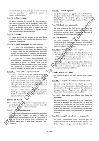 Im
prim
erie
O
fficielle
de
la
République
Tunisienne
─ 373 ─
raisonnablement assurée, mais qui ne sont pas encore
encaissés (liquidités) ou réceptionnés (apports en
nature) par l'association.
Poste AC 4 : Micro-crédits :
Ce poste comprend le montant des micro-crédits en
principal non échus ainsi que le montant des micro-crédits
en principal échus et impayés et les intérêts courus non
échus et les intérêts courus échus et impayés. Ce poste
inclut également les frais d'huissier et d'avocat engagés
pour le recouvrement des micro-crédits.
Poste AC 5 : Stocks :
Ce poste comprend les apports reçus sous forme
d'articles en nature à stocker ainsi que les autres stocks
acquis par l'association.
Poste AC 6 : Actifs immobilisés : Ce poste comprend
• Sous (a) - Immobilisations corporelles : les
immobilisations corporelles reçues sous forme d'apports
en nature, ainsi que les immobilisations corporelles
acquises par l'association et financées par des apports
sous forme de liquidités ou par les fonds de l'association.
• Sous (b) - Autres immobilisations : les
immobilisations incorporelles et financières reçues
sous forme d'apports en nature, ainsi que les
immobilisations incorporelles et financières acquises
par l'association et financées par des apports sous
forme de liquidités ou par les fonds de l'association.
Poste AC7 : Autres actifs : Ce poste comprend
• Sous (a) - Débiteurs divers : les débiteurs divers et les
créances qui leurs sont rattachées autres que ceux
afférents à des apports à recevoir et les micro-crédits
et qui sont constatés aux postes correspondants. Il
s'agit notamment des créances sur le personnel et de
celles provenant de la vente à crédit d'articles en
nature détenus par l'association.
• Sous (b) – Autres actifs : comprend les éléments
d'actifs qui ne sont pas classés dans les autres postes
d'actif et notamment les comptes d'attente et à
régulariser débiteurs.
POSTES DE PASSIF
17. Le contenu des postes et sous-postes présentés dans le
passif du bilan des associations autorisées à accorder
des micro-crédits est défini comme suit :
Poste PA 1 : Concours bancaires :
Ce poste comprend les découverts bancaires accordés à
l'association qui n'entrent pas dans le cadre du
financement structurel des activités de l'association et
qui font l'objet d'un contrat ferme garantissant leur
stabilité, auquel cas, ils sont classés au poste PA4 -
Emprunts.
Poste PA 2 : Apports reportés :
Ce poste comprend les apports grevés d'affectations
d'origine externe, et qui sont affectés, conformément à
l'engagement pris à leur égard, à l'acquisition
d'immobilisations, aux charges d'exercices futurs ou à
d'autres fins.
Poste PA3 : Fonds pour micro-crédits :
Ce poste comprend les fonds reçus pour l'octroi de
micro-crédits et qui seront repris conformément aux
conventions conclues entre l'association autorisée à
accorder des micro-crédits et les financeurs.
Poste PA4 : Emprunts :
Ce poste comprend les emprunts contractés par
l'association pour financer ses activités et notamment
celles relatives à l'octroi de micro-crédits ainsi que les
intérêts courus sur ces emprunts.
Poste PA5 : Autres passifs : Ce poste comprend
• Sous (a) – Créditeurs divers : les dettes fournisseurs et
les dettes rattachées relatives à l'acquisition de stocks
et d'immobilisations ainsi que les créances vis-à-vis du
personnel et de l'administration fiscale.
• Sous (b) – Autres passifs : comprend les éléments de
passifs qui ne sont pas classés dans les autres postes
de passifs et notamment les comptes d'attente et les
comptes à régulariser créditeurs.
POSTES DES ACTIFS NETS
18. Le contenu des postes des actifs nets est défini comme
suit :
Poste AN 1- Les actifs nets investis en immobilisations :
Ce poste comprend les apports affectés qui ont été
dépensés pour l'acquisition d'immobilisations non
amortissables. Il comporte également les affectations
d'origine interne d'apports non affectés, pour
l'acquisition d'immobilisations amortissables.
Poste AN2 - Les actifs nets affectés sous forme de
dotations :
Ce poste comprend les apports affectés que l'association
autorisée à accorder des micro-crédits est tenue de
maintenir en permanence, en vertu d'une affectation
d'origine externe. Lorsque ces fonds sont placés, le
produit des placements est soit constaté dans ce poste
soit constaté en résultat conformément à la volonté du
donateur.
Poste AN3 - Les actifs nets affectés aux micro-crédits :
Ce poste comprend les fonds accordés par les
différents financeurs et donateurs à titre définitif sous
forme d'apport et qui doivent être affectés par
 