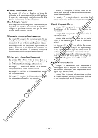 Im
prim
erie
O
fficielle
de
la
République
Tunisienne
─ 406 ─
46 Comptes transitoires ou d'attente
Le compte 469 « legs et donations en cours de
réalisation ou de cession » est crédité ou débité au fur et
à mesure des encaissements ou décaissements liés à la
cession des biens objet des legs et donations.
Classe 5 : Comptes Financiers
Les comptes financiers enregistrent les mouvements se
rapportant aux liquidités et équivalents de liquidités y
compris les placements courants ainsi que les autres
actifs et passifs financiers courants.
50 Emprunt et autres dettes financières courants
Le compte 501 enregistre les emprunts courants liés au
cycle d'exploitation ou les emprunts reçus pour l'activité de
micro-crédit, ils sont subdivisés selon l'organisme prêteur.
Les comptes 505 et 508 enregistrent, respectivement, la
partie à moins d'un an des emprunts non courants et les
intérêts courus non échus à la clôture de l'exercice et
notamment les intérêts courus sur les micro-crédits.
51 Prêts et autres créances financières courants
Le compte 511 « Micro-crédits à moins d'un an »
enregistre les micro-crédits accordés au bénéficiaire, il
est subdivisé en fonction du type de financement.
Le compte 513 " micro-crédits à moins d'un an douteux"
enregistre les micro-crédits devenus douteux.
Le compte 516 enregistre les échéances à moins d'un an
sur prêts non courants.
Le compte 517 enregistre les échéances à moins d'un an
sur autres créances financières non courantes.
Le compte 518 enregistre les intérêts courus sur les
micro-crédits ainsi que sur les prêts non courants et les
autres créances financières.
Le compte 519 « intérêts réservés » enregistre les
intérêts sur les micro-crédits non constatés en résultat.
Classe 6 : Comptes de Charges
Le compte 6258 enregistre le montant de la charge
d'encadrement et de formation du personnel de
l'association.
Le compte 633 enregistre le montant des dons et
subventions versés.
Le compte 634 enregistre les pertes sur les micro-
crédits, il est subdivisé selon le type de financement
accordé.
Les comptes 681 et 686 sont débités du montant
respectif des dotations de l'exercice aux amortissements
et aux provisions par le crédit des subdivisions, des
comptes d'amortissements et de provisions concernés.
Le compte 6862 enregistre les dotations aux provisions
pour dépréciation des micro-crédits. Ce compte est
subdivisé selon le type des micro-crédits accordés.
Classe 7 : Comptes de Produits
Le compte 733 « Cotisations, dons, subventions et
autres apports reçus » enregistre les cotisations reçus
des adhérents, ainsi que les dons, subventions et autres
apports reçus par l'association.
Le compte 753 « revenus des micro-crédits » enregistre
les produits financiers des micro-crédits, il est subdivisé
en sous compte selon le type de financement.
 