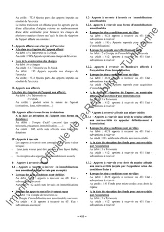 Im
prim
erie
O
fficielle
de
la
République
Tunisienne
─ 408 ─
Au crédit : 7335 Quotes parts des apports imputés au
résultat de l'exercice
Le même traitement est effectué pour les apports grevés
d'une affectation d'origine externe au remboursement
d'une dette contractée pour financer les charges de
plusieurs exercices futurs sauf qu'à la date de réception
de l'apport affecté on constate :
5 - Apports affectés aux charges de l'exercice
• A la date de réception de l'apport affecté
Au débit : 5 x Trésorerie ou 3x Stock
Au crédit : 193X Apports reportés aux charges de l'exercice
• Lors de la constatation des charges
Au débit : 6 x charges
Au crédit : 5 x Trésorerie ou 3x Stock
Au débit : 193 Apports reportés aux charges de
l'exercice
Au crédit : 7335 Quotes parts des apports imputés au
résultat de l'exercice
II- Apports non affectés
A la date de réception de l'apport non affecté :
Au débit : 5 x Trésorerie ou
3 x Stock
Au crédit : produit selon la nature de l'apport
(cotisations, dons, subventions…)
III- Apports affectés sous forme de dotations
A la date de réception de l'apport sous forme de
dotations :
Au débit : Compte d'actif concerné (par nature:
trésorerie, placement, immobilisation……)
Au crédit : 105 actifs nets affectés sous forme de
dotations
IV- Apports à recevoir
Les apports à recevoir sont constatés à leur juste valeur
lorsque :
- Leur juste valeur peut être estimée d'une façon fiable;
et
- La réception des apports est raisonnablement assurée
1- Apports à recevoir affectés
1.1 – Apports à recevoir à investir en immobilisations
non amortissables (un terrain par exemple)
• Lorsque les deux conditions sont vérifiées
Au débit : 4121 apports à recevoir ou 431 Etat -
subventions à recevoir
Au crédit : 102 actifs nets investis en immobilisations
• Lorsque les apports sont effectivement reçus
Au débit : 5x Compte de trésorerie ou
2x compte d'immobilisation non amortissable concernée
Au crédit : 4121 apports à recevoir ou 431 Etat -
subventions à recevoir
1.2- Apports à recevoir à investir en immobilisations
amortissables
1.2.1. Apports à recevoir sous forme d'immobilisations
amortissables
• Lorsque les deux conditions sont vérifiées
Au débit : 4121 apports à recevoir ou 431 Etat -
subventions à recevoir
Au crédit : 191x Apports reportés pour acquisition
d'immobilisations
• Lorsque les apports sont effectivement reçus
Au débit : 2 x Compte de l'immobilisation concernée
Au crédit : 4121 apports à recevoir ou 431 Etat -
subventions à recevoir
1.2.2. Apports à recevoir en numéraire affectés à
l'acquisition d'une immobilisation
• Lorsque les deux conditions sont vérifiées
Au débit : 4121 apports à recevoir ou 431 Etat -
subventions à recevoir
Au crédit : 191x Apports reportés pour acquisition
d'immobilisations
• A la date de réception de l'apport en numéraire
affecté à l'acquisition d'une immobilisation
Au débit : 5 x Trésorerie
Au crédit : 4121 apports à recevoir ou 431 Etat -
subventions à recevoir
1.3 - Apports à recevoir affectés aux micro-crédits
1.3.1 – Apports à recevoir sans droit de reprise affectés
aux micro-crédits (à apporter définitivement à
l'association)
• Lorsque les deux conditions sont vérifiées
Au débit : 4121 apports à recevoir ou 431 Etat -
subventions à recevoir
Au crédit : 103 actifs nets affectés aux micro-crédits
• A la date de réception des fonds pour micro-crédits
par l'association
Au débit : 5 x Trésorerie
Au crédit : 4121 apports à recevoir ou 431 Etat -
subventions à recevoir
1.3.2- Apports à recevoir avec droit de reprise affectés
aux micro-crédits (repris par l'apporteur selon des
conditions fixées )
• Lorsque les deux conditions sont vérifiées
Au débit : 4121 apports à recevoir ou 431 Etat -
subventions à recevoir
Au crédit : 141 Fonds pour micro-crédits avec droit de
reprise
• A la date de réception des fonds pour micro-crédits
par l'association
Au débit : 5 x Trésorerie
Au crédit : 4121 apports à recevoir ou 431 Etat -
subventions à recevoir
 