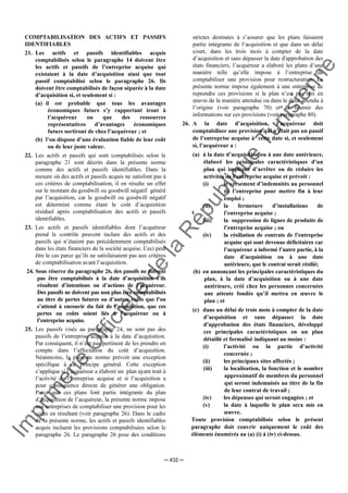 Im
prim
erie
O
fficielle
de
la
République
Tunisienne
─ 432 ─
COMPTABILISATION DES ACTIFS ET PASSIFS
IDENTIFIABLES
21. Les actifs et passifs identifiables acquis
comptabilisés selon le paragraphe 14 doivent être
les actifs et passifs de l’entreprise acquise qui
existaient à la date d’acquisition ainsi que tout
passif comptabilisé selon le paragraphe 26. Ils
doivent être comptabilisés de façon séparée à la date
d’acquisition si, et seulement si :
(a) il est probable que tous les avantages
économiques futurs s’y rapportant iront à
l’acquéreur ou que des ressources
représentatives d’avantages économiques
futurs sortiront de chez l’acquéreur ; et
(b) l’on dispose d’une évaluation fiable de leur coût
ou de leur juste valeur.
22. Les actifs et passifs qui sont comptabilisés selon le
paragraphe 21 sont décrits dans la présente norme
comme des actifs et passifs identifiables. Dans la
mesure où des actifs et passifs acquis ne satisfont pas à
ces critères de comptabilisation, il en résulte un effet
sur le montant du goodwill ou goodwill négatif généré
par l’acquisition, car le goodwill ou goodwill négatif
est déterminé comme étant le coût d’acquisition
résiduel après comptabilisation des actifs et passifs
identifiables.
23. Les actifs et passifs identifiables dont l’acquéreur
prend le contrôle peuvent inclure des actifs et des
passifs qui n’étaient pas précédemment comptabilisés
dans les états financiers de la société acquise. Ceci peut
être le cas parce qu’ils ne satisfaisaient pas aux critères
de comptabilisation avant l’acquisition.
24. Sous réserve du paragraphe 26, des passifs ne doivent
pas être comptabilisés à la date d’acquisition s’ils
résultent d’intentions ou d’actions de l’acquéreur.
Des passifs ne doivent pas non plus être comptabilisés
au titre de pertes futures ou d’autres coûts que l’on
s’attend à encourir du fait de l’acquisition, que ces
pertes ou coûts soient liés à l’acquéreur ou à
l’entreprise acquise.
25. Les passifs visés au paragraphe 24, ne sont pas des
passifs de l’entreprise acquise à la date d’acquisition.
Par conséquent, il n’est pas pertinent de les prendre en
compte dans l’affectation du coût d’acquisition.
Néanmoins, la présente norme prévoit une exception
spécifique à ce principe général. Cette exception
s’applique si l’acquéreur a élaboré un plan ayant trait à
l’activité de l’entreprise acquise et si l’acquisition a
pour conséquence directe de générer une obligation.
Parce que ces plans font partie intégrante du plan
d’acquisition de l’acquéreur, la présente norme impose
aux entreprises de comptabiliser une provision pour les
coûts en résultant (voir paragraphe 26). Dans le cadre
de la présente norme, les actifs et passifs identifiables
acquis incluent les provisions comptabilisées selon le
paragraphe 26. Le paragraphe 26 pose des conditions
strictes destinées à s’assurer que les plans faisaient
partie intégrante de l’acquisition et que dans un délai
court, dans les trois mois à compter de la date
d’acquisition et sans dépasser la date d'approbation des
états financiers, l’acquéreur a élaboré les plans d’une
manière telle qu’elle impose à l’entreprise de
comptabiliser une provision pour restructuration. La
présente norme impose également à une entreprise de
reprendre ces provisions si le plan n’est pas mis en
œuvre de la manière attendue ou dans le délai attendu à
l’origine (voir paragraphe 70) et de fournir des
informations sur ces provisions (voir paragraphe 80).
26. A la date d’acquisition, l’acquéreur doit
comptabiliser une provision qui n’était pas un passif
de l’entreprise acquise à cette date si, et seulement
si, l’acquéreur a :
(a) à la date d’acquisition ou à une date antérieure,
élaboré les principales caractéristiques d’un
plan qui implique d’arrêter ou de réduire les
activités de l’entreprise acquise et prévoit :
(i) le versement d’indemnités au personnel
de l’entreprise pour mettre fin à leur
emploi ;
(ii) la fermeture d’installations de
l’entreprise acquise ;
(iii) la suppression de lignes de produits de
l’entreprise acquise ; ou
(iv) la résiliation de contrats de l’entreprise
acquise qui sont devenus déficitaires car
l’acquéreur a informé l’autre partie, à la
date d’acquisition ou à une date
antérieure, que le contrat serait résilié;
(b) en annonçant les principales caractéristiques du
plan, à la date d’acquisition ou à une date
antérieure, créé chez les personnes concernées
une attente fondée qu’il mettra en œuvre le
plan ; et
(c) dans un délai de trois mois à compter de la date
d’acquisition et sans dépasser la date
d'approbation des états financiers, développé
ces principales caractéristiques en un plan
détaillé et formalisé indiquant au moins :
(i) l’activité ou la partie d’activité
concernée ;
(ii) les principaux sites affectés ;
(iii) la localisation, la fonction et le nombre
approximatif de membres du personnel
qui seront indemnisés au titre de la fin
de leur contrat de travail ;
(iv) les dépenses qui seront engagées ; et
(v) la date à laquelle le plan sera mis en
œuvre.
Toute provision comptabilisée selon le présent
paragraphe doit couvrir uniquement le coût des
éléments énumérés au (a) (i) à (iv) ci-dessus.
 