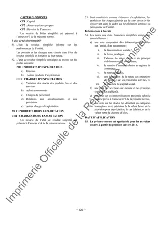 Im
prim
erie
O
fficielle
de
la
République
Tunisienne
─ 522 ─
CAPITAUX PROPRES
CP1 : Capital
CP2 : Autres capitaux propres
CP3 : Résultat de l'exercice
Un modèle de bilan simplifié est présenté à
l’annexe n°3 de la présente norme.
L’état de résultat simplifié
51. L'état de résultat simplifié informe sur les
performances de l’entité.
Les produits et les charges sont classés dans l’état de
résultat simplifié en fonction de leur nature.
52. L’état de résultat simplifié renseigne au moins sur les
postes suivants :
PR1 : PRODUITS D’EXPLOITATION
a) Revenus
b) Autres produits d’exploitation
CH1 : CHARGES D’EXPLOITATION
a) Variation des stocks des produits finis et des
en-cours
b) Achats consommés
c) Charges de personnel
d) Dotations aux amortissements et aux
provisions
e) Autres charges d’exploitation.
PR 2 : PRODUITS HORS EXPLOITATION
CH2 : CHARGES HORS EXPLOITATION
Un modèle de l’état de résultat simplifié est
présenté à l’annexe n°4 de la présente norme.
53. Sont considérés comme éléments d’exploitation, les
produits et les charges générés par le cours des activités
s'inscrivant dans le cadre de l'exploitation centrale ou
permanente de l’entité.
Informations à fournir
54. Les notes aux états financiers simplifiés comportent
essentiellement :
a) une note comportant des informations générales
sur l’entité, dont notamment :
i. la dénomination sociale,
ii. la forme juridique,
iii. l’adresse du siège social et du principal
établissement s’il est différent,
iv. le numéro d’immatriculation au registre de
commerce,
v. le matricule fiscal,
vi. une description de la nature des opérations
de l’entité et de ses principales activités, et
vii. la structure du capital social.
b) une note sur les bases de mesure et les principes
comptables appliqués,
c) une note sur les immobilisations présentée selon le
modèle prévu à l’annexe n°1 de la présente norme,
d) une note sur les stocks les détaillant en catégories
homogènes, avec précision de la valeur brute, de la
provision pour dépréciation, le cas échéant, et de la
valeur nette de chacune d’elles,
DATE D’APPLICATION
55. La présente norme est applicable pour les exercices
ouverts à partir du premier janvier 2011.
 