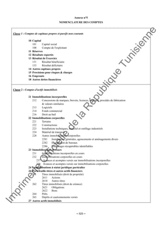 Im
prim
erie
O
fficielle
de
la
République
Tunisienne
─ 525 ─
Annexe n°5
NOMENCLATURE DES COMPTES
Classe 1 : Comptes de capitaux propres et passifs non courants
10 Capital
101 Capital social
108 Compte de l'exploitant
11 Réserves
12 Résultats reportés
13 Résultat de l'exercice
131 Résultat bénéficiaire
135 Résultat déficitaire
14 Autres capitaux propres
15 Provisions pour risques & charges
16 Emprunts
18 Autres dettes financières
Classe 2 : Comptes d'actifs immobilisés
21 Immobilisations incorporelles
212 Concessions de marques, brevets, licences, marques, procédés de fabrication
& valeurs similaires
213 Logiciels
214 Fonds commercial
216 Droit au bail
22 Immobilisations corporelles
221 Terrains
222 Constructions
223 Installations techniques, matériel et outillage industriels
224 Matériel de transport
228 Autres immobilisations corporelles
2281 Installations générales, agencements et aménagements divers
2282 Equipement de bureaux
2286 Emballages récupérables identifiables
23 Immobilisations en cours
231 Immobilisations incorporelles en cours
232 Immobilisations corporelles en cours
237 Avances et acomptes versés sur immobilisations incorporelles
238 Avances et acomptes versés sur immobilisations corporelles
24 Immobilisations à statut juridique particulier
26 Portefeuille-titres et autres actifs financiers
261 Titres immobilisés (droit de propriété)
2611 Actions
2618 Autres titres
262 Titres immobilisés (droit de créance)
2621 Obligations
2622 Bons
264 Prêts
265 Dépôts et cautionnements versés
27 Autres actifs immobilisés
 