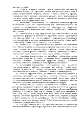 життєвих ситуаціях;
2) здатність спілкуватися рідною (у разі відмінності від державної) та
іноземними мовами, що передбачає активне використання рідної мови в
різних комунікативних ситуаціях, зокрема в побуті, освітньому процесі,
культурному житті громади, можливість розуміти прості висловлювання
іноземною мовою, спілкуватися нею у відповідних ситуаціях, оволодіння
навичками міжкультурного спілкування;
3) математична компетентність, що передбачає виявлення простих
математичних залежностей в навколишньому світі, моделювання процесів та
ситуацій із застосуванням математичних відношень та вимірювань,
усвідомлення ролі математичних знань та вмінь в особистому і суспільному
житті людини;
4) компетентності у галузі природничих наук, техніки і технологій, що
передбачають формування допитливості, прагнення шукати і пропонувати
нові ідеї, самостійно чи в групі спостерігати та досліджувати, формулювати
припущення і робити висновки на основі проведених дослідів, пізнавати себе
і навколишній світ шляхом спостереження та дослідження;
5) інноваційність, що передбачає відкритість до нових ідей, ініціювання
змін у близькому середовищі (клас, школа, громада тощо), формування знань,
умінь, ставлень, що є основою компетентнісного підходу, забезпечують
подальшу здатність успішно навчатися, провадити професійну діяльність,
відчувати себе частиною спільноти і брати участь у справах громади;
6) екологічна компетентність, що передбачає усвідомлення основи
екологічного природокористування, дотримання правил природоохоронної
поведінки, ощадного використання природних ресурсів, розуміючи
важливість збереження природи для сталого розвитку суспільства;
7) інформаційно-комунікаційна компетентність, що передбачає
опанування основою цифрової грамотності для розвитку і спілкування,
здатність безпечного та етичного використання засобів інформаційно-
комунікаційної компетентності у навчанні та інших життєвих ситуаціях;
8) навчання впродовж життя, що передбачає опанування уміннями і
навичками, необхідними для подальшого навчання, організацію власного
навчального середовища, отримання нової інформації з метою застосування її
для оцінювання навчальних потреб, визначення власних навчальних цілей та
способів їх досягнення, навчання працювати самостійно і в групі;
9) громадянські та соціальні компетентності, пов'язані з ідеями
демократії, справедливості, рівності, прав людини, добробуту та здорового
способу життя, усвідомленням рівних прав і можливостей, що передбачають
співпрацю з іншими особами для досягнення спільної мети, активність в
житті класу і школи, повагу до прав інших осіб, уміння діяти в конфліктних
ситуаціях, пов'язаних з різними проявами дискримінації, цінувати культурне
розмаїття різних народів та ідентифікацію себе як громадянина України,
дбайливе ставлення до власного здоров'я і збереження здоров'я інших людей,
дотримання здорового способу життя;
10) культурна компетентність, що передбачає залучення до різних видів
мистецької творчості (образотворче, музичне та інші види мистецтв) шляхом
 