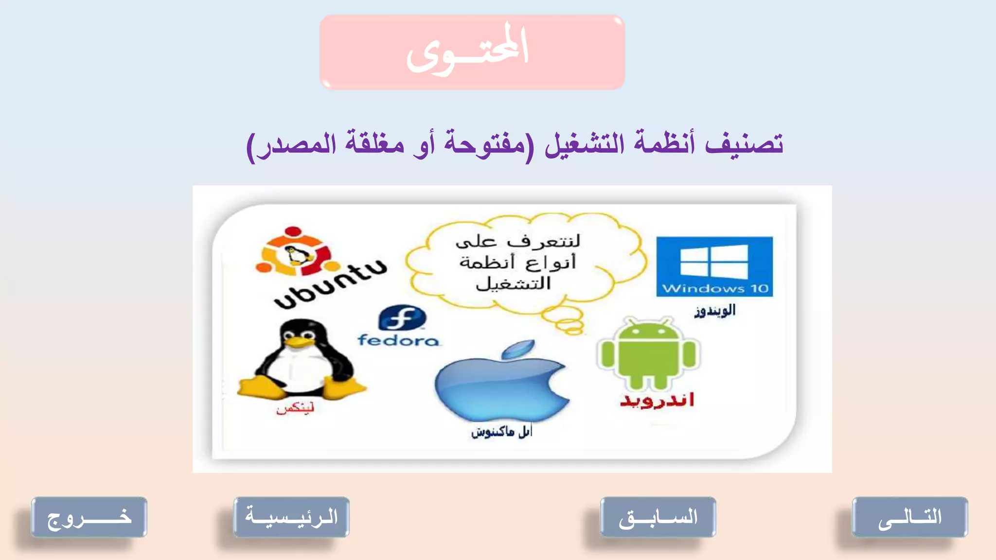 ‫تـــوى‬‫حمل‬‫ا‬
‫التشغيل‬ ‫أنظمة‬ ‫تصنيف‬
(
‫المص‬ ‫مغلقة‬ ‫أو‬ ‫مفتوحة‬
‫در‬
)
‫خـــــــروج‬ ‫الـرئيــسي‬
‫ــة‬ ‫التــالــى‬
‫الســابـــق‬
 