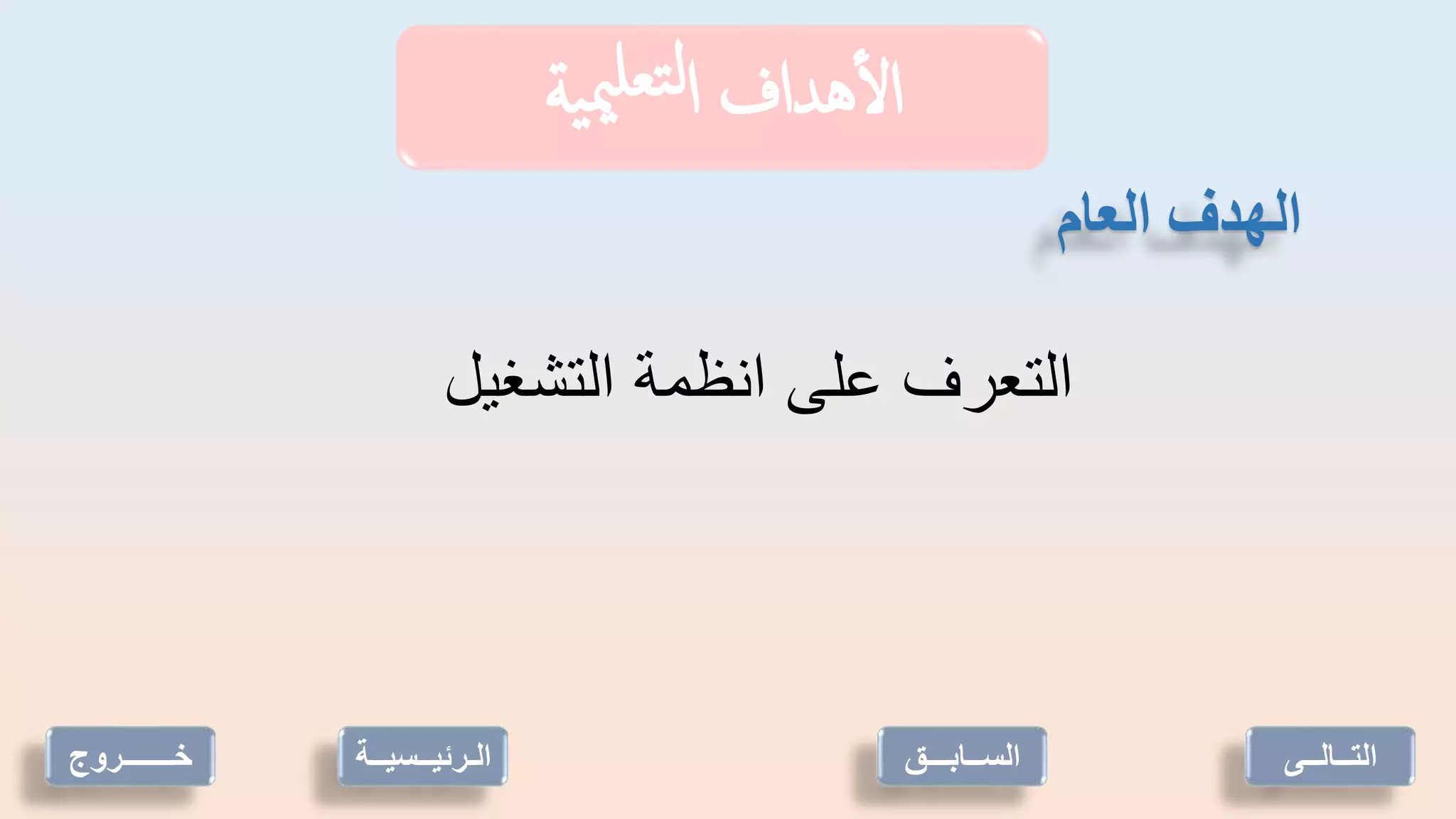 ‫التشغيل‬ ‫انظمة‬ ‫على‬ ‫التعرف‬
‫العام‬ ‫الهدف‬
‫خـــــــروج‬
‫ية‬‫مي‬‫تعل‬‫ل‬‫ا‬ ‫هداف‬‫أ‬‫ل‬‫ا‬
‫الـرئيــسي‬
‫ــة‬ ‫التــالــى‬
‫الســابـــق‬
 