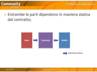 Problema: le dipendenze



» Entrambe le parti dipendono in maniera statica
  dal contratto;



              Host   Contract           AddIn




                                                Dipendenza Statica




 14/03/2008          www.xedotnet.org                                13
 
