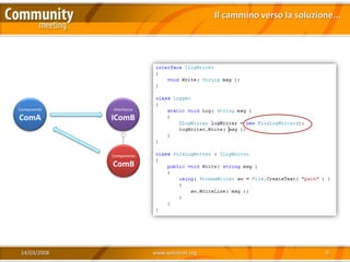 Il cammino verso la soluzione...




Componente    Interfaccia

ComA          IComB



              Componente

              ComB




 14/03/2008                 www.xedotnet.org                               9
 