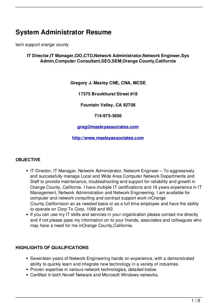 system administrator resume systems admin resumes