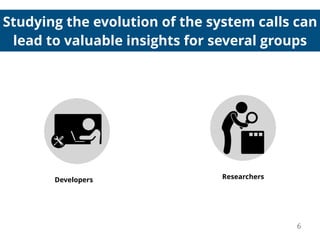 Studying the evolution of the system calls can
lead to valuable insights for several groups
Developers Researchers
6
 