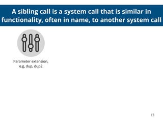 A sibling call is a system call that is similar in
functionality, often in name, to another system call
13
Parameter extension,
e.g, dup, dup2
 