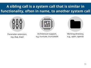 A sibling call is a system call that is similar in
functionality, often in name, to another system call
13
Working directory,
e.g., open, openat
Parameter extension,
e.g, dup, dup2
Architecture support,
e.g, truncate, truncate64
 