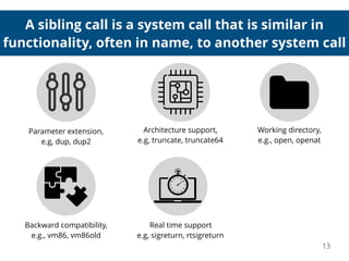 A sibling call is a system call that is similar in
functionality, often in name, to another system call
13
Backward compatibility,
e.g., vm86, vm86old
Working directory,
e.g., open, openat
Real time support
e.g, sigreturn, rtsigreturn
Parameter extension,
e.g, dup, dup2
Architecture support,
e.g, truncate, truncate64
 