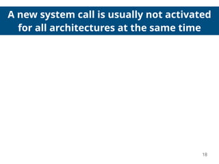 A new system call is usually not activated
for all architectures at the same time
18
2010 2013
XtensaARM
 