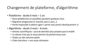 Changement de plateforme, d’algorithme
• Plateforme - durée 6 mois – 1 an
• Deux plateformes en parallèles pendant quelques mois
• Migration progressive (1 marché, puis 2, puis…)
• Parité impossible à obtenir (gain > perte mais jamais identiquement =)
• Algorithme - durée 3 mois – 6 mois
• Articles scientifiques – jeux de données plus propres que la réalité
• La vitesse n’est pas le souci premier (la performance oui)
• Testés sur des volumes petits
• Code chercheur = une seule utilisation
 