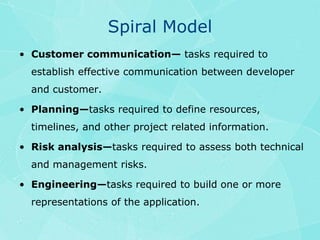 Spiral ModelCustomer communication— tasks required to establish effective communication between developer and customer.Planning—tasks required to define resources, timelines, and other project related information.Risk analysis—tasks required to assess both technical and management risks.Engineering—tasks required to build one or more representations of the application.