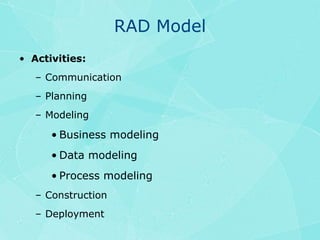 RAD ModelActivities:CommunicationPlanningModelingBusiness modelingData modelingProcess modelingConstructionDeployment