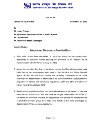 ¼ããÀ¦ããè¾ã ¹ãÆãä¦ã¼ãîãä¦ã ‚ããõÀ ãäÌããä¶ã½ã¾ã ºããñ¡Ã
Securities and Exchange Board of India
Page 1 of 2
CIRCULAR
CFD/DCR/CIR/2016/139 December 21, 2016
To
All Listed Entities
All Registered Registrar & Share Transfer Agents
All Depositories
All Nationwide Stock Exchanges
Dear Sir/Madam,
System-driven Disclosures in Securities Market
1. SEBI, vide circular dated December 01, 2015, had introduced the system-driven
disclosures in securities market detailing the procedure to be adopted for its
implementation with effect from January 01, 2016.
2. As per the procedure laid down in the above circular, the Depositories provide daily
trade data of the promoters/promoter group to the Registrar and Share Transfer
Agents (RTAs) and the RTAs provide the necessary information to the stock
exchanges for dissemination of disclosures to the public in terms of SEBI (Substantial
Acquisition of Shares and Takeovers) Regulations, 2011 and SEBI (Prohibition of
Insider Trading) Regulations, 2015.
3. Based on the experience gained from the implementation of the system, it has now
been decided in discussion with the stock exchanges, depositories and RTAs, to
streamline the procedure such that the depositories shall provide the transaction data
of promoters/promoter group on a daily basis directly to the stock exchanges for
dissemination of the necessary disclosures.
 