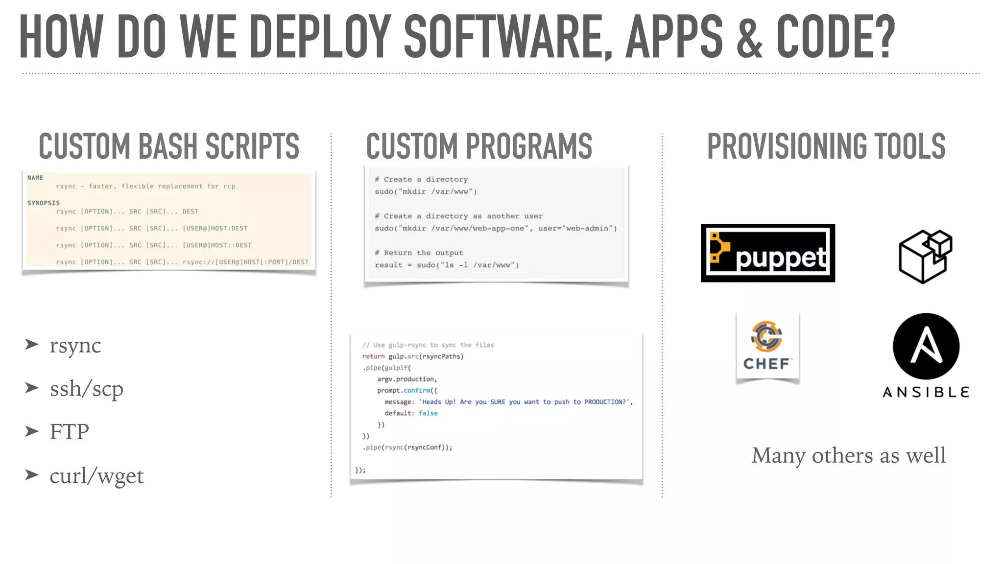 HOW DO WE DEPLOY SOFTWARE, APPS & CODE?
CUSTOM BASH SCRIPTS CUSTOM PROGRAMS PROVISIONING TOOLS
➤ rsync
➤ ssh/scp
➤ FTP
➤ curl/wget
Many others as well
 