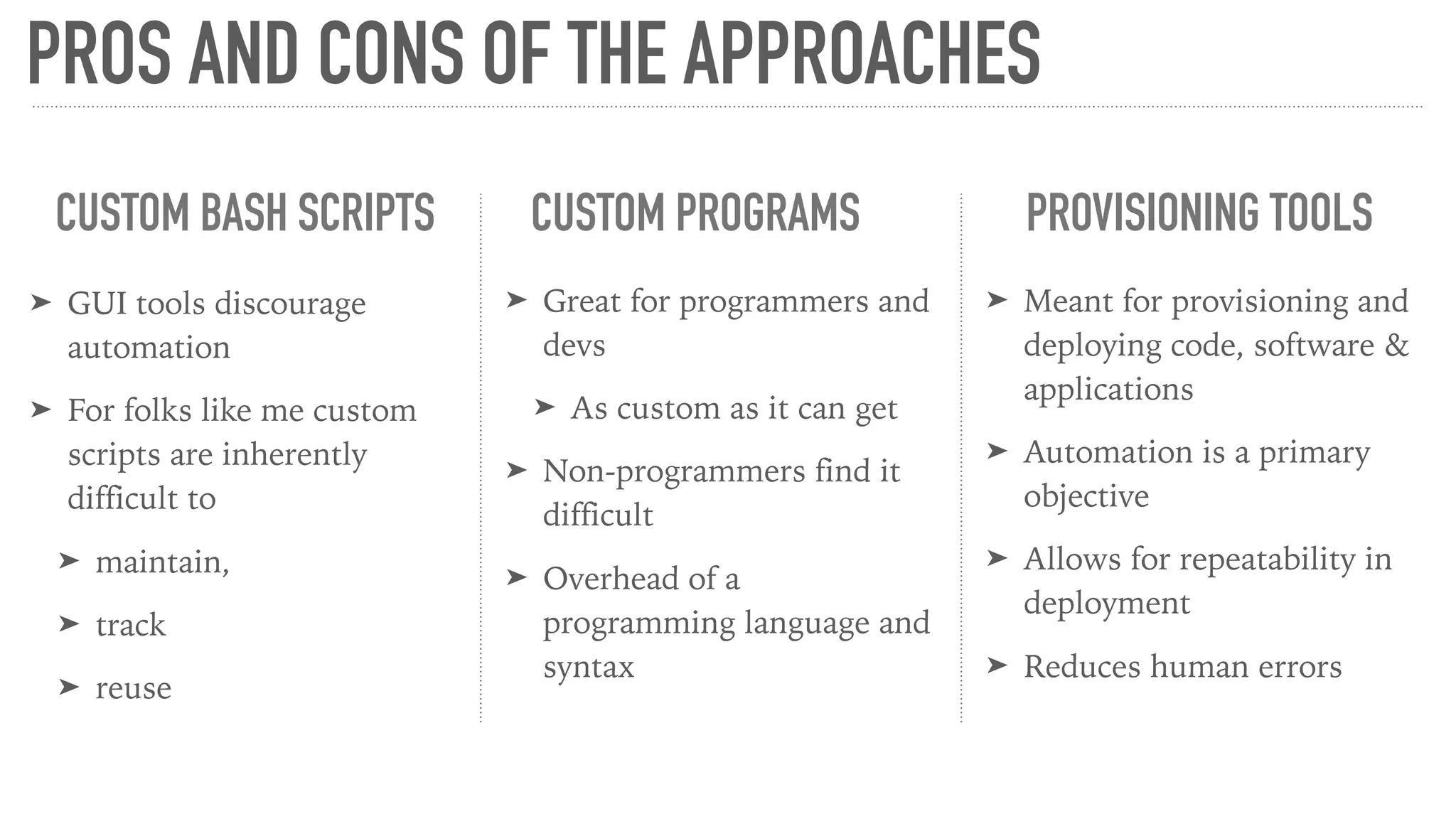 PROS AND CONS OF THE APPROACHES
CUSTOM BASH SCRIPTS CUSTOM PROGRAMS PROVISIONING TOOLS
➤ GUI tools discourage
automation
➤ For folks like me custom
scripts are inherently
difficult to
➤ maintain,
➤ track
➤ reuse
➤ Great for programmers and
devs
➤ As custom as it can get
➤ Non-programmers find it
difficult
➤ Overhead of a
programming language and
syntax
➤ Meant for provisioning and
deploying code, software &
applications
➤ Automation is a primary
objective
➤ Allows for repeatability in
deployment
➤ Reduces human errors
 