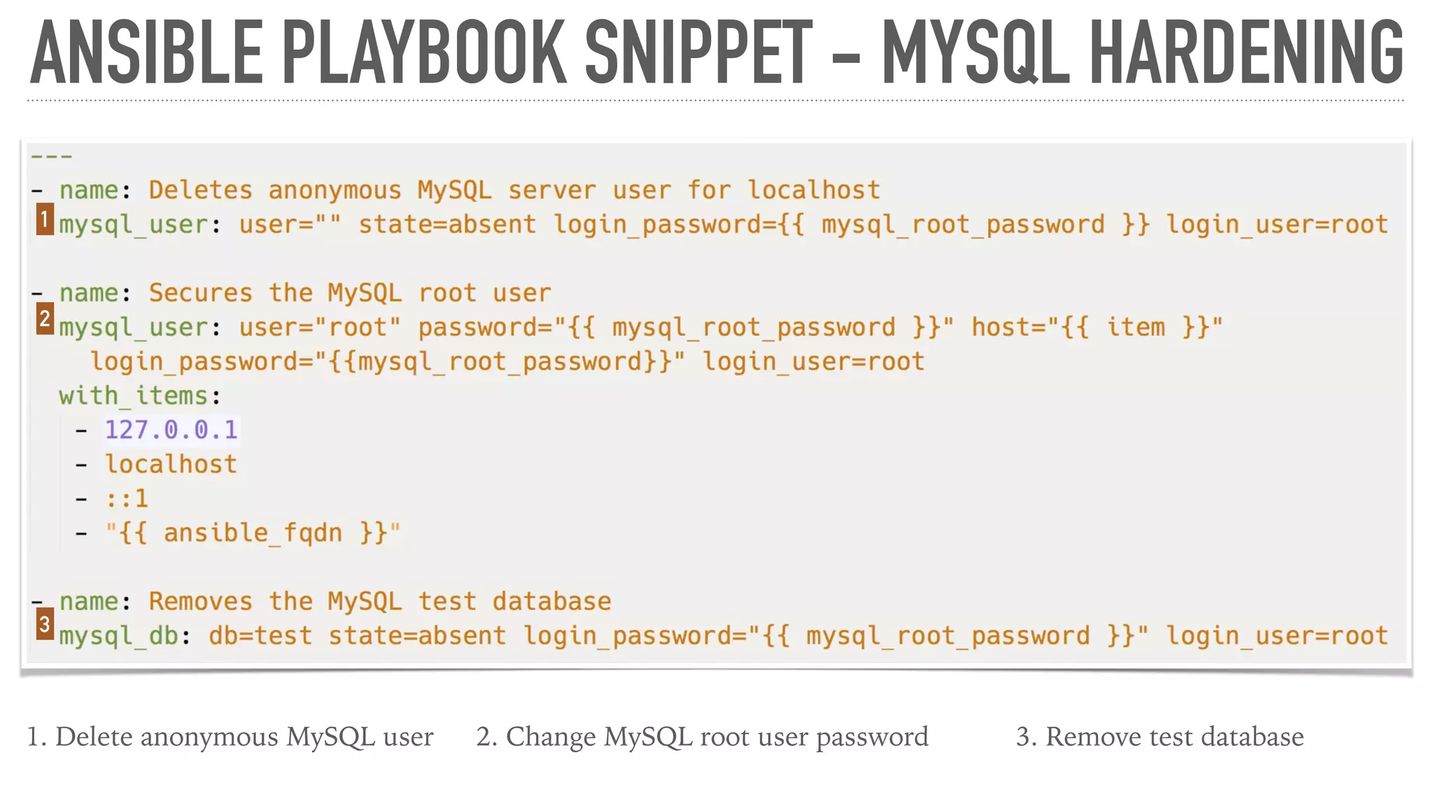 ANSIBLE PLAYBOOK SNIPPET - MYSQL HARDENING
1. Delete anonymous MySQL user 2. Change MySQL root user password 3. Remove test database
1
2
3
 