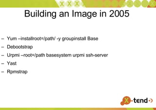 Yum –installroot=/path/ -y groupinstall Base Debootstrap Urpmi –root=/path basesystem urpmi ssh-server Yast  Rpmstrap Building an Image in 2005  