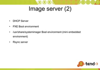 Image server (2) DHCP Server PXE Boot environment /usr/share/systemimager Boel environment (mini embedded environment) Rsync server 