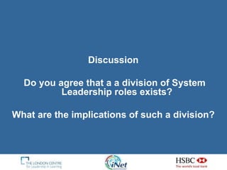 Discussion  Do you agree that a a division of System Leadership roles exists?  What are the implications of such a division?  