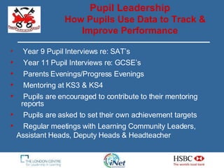 Year 9 Pupil Interviews re: SAT’s Year 11 Pupil Interviews re: GCSE’s Parents Evenings/Progress Evenings Mentoring at KS3 & KS4 Pupils are encouraged to contribute to their mentoring reports Pupils are asked to set their own achievement targets Regular meetings with Learning Community Leaders, Assistant Heads, Deputy Heads & Headteacher Pupil Leadership How Pupils Use Data to Track & Improve Performance 