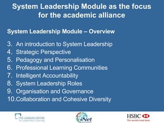 System Leadership Module as the focus for the academic alliance System Leadership Module – Overview An introduction to System Leadership  Strategic Perspective  Pedagogy and Personalisation Professional Learning Communities Intelligent Accountability System Leadership Roles Organisation and Governance Collaboration and Cohesive Diversity 