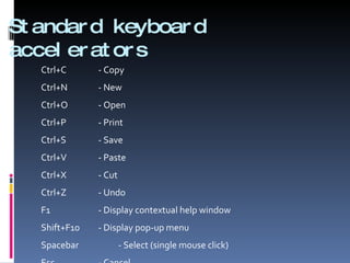 Standard keyboard accelerators Ctrl+C - Copy Ctrl+N - New Ctrl+O - Open Ctrl+P - Print Ctrl+S - Save Ctrl+V - Paste Ctrl+X - Cut Ctrl+Z - Undo F1 - Display contextual help window Shift+F10 - Display pop-up menu Spacebar - Select (single mouse click) Esc - Cancel 