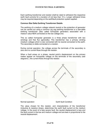 SYSTEM NEUTRAL EARTHING
19 of 70
Each earthing transformer and resistor shall be rated to withstand the respective
earth fault currents for a duration of not less than 10 s. Longer withstand times
may be required,depending on the earthfault protection system applied.
Common Star Delta Earthing Transformer Details
The earthing of a medium voltage network neutral or the protection of generator
can be carried out using a common zig zag earthing transformer or a star-delta
earthing transformer (also called homopolar generator) associated with a
medium value NER connected on the low voltage end.
This so called homopolar generator is a three phase transformer with two
windings and free flux (generally). This transformer has a primary winding
(medium voltage) which is star connected with its neutral connected to the earth.
The secondary is delta connected on a resistor.
During normal operation, the voltage across the terminals of the secondary is
zero and no current flows through the resistor.
When a fault arises on a phase, neutral point’s displacement on the primary
makes appear an homopolar voltage on the terminals of the secondary (see
diagrams ) :the current flows through the resistor.
Normal operation Earth fault Condition
The value chosen for this resistor, and characteristics of the transformer
(inductive & resistive drops), determines the earth fault current at the medium
voltage. In the event of a less severe fault, the neutral displacement is less and
the fault current in the low and medium voltage end are lees in proportional to the
neutral displacement.
 