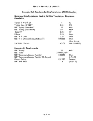 SYSTEM NEUTRAL EARTHING
48 of 70
Generator High Resistance Earthing Transformer & NER Calculation
Generator High Resistance Neutral Earthing Transformer Reactance
Calculation
Typical % X Of N ET 4 %
Typical X pu Of N ET 0.04 PU
N ET Rating (Base kVA) 10 kVA
N ET Rating (Base MVA) 0.01 MVA
Base kV 0.25 kV
X Base 6.25 Ohm
N ET X in Ohm 0.25 Ohm
N ET R in Ohm AS Calculated Above 0.17856 Ohm
X/R Ratio Of N ET 1.40009
(This Should
Not Exceed 2)
Summary Of Requirements
N ET Rating 10 kVA
N ET Ratio ,15000V/240V
N ET Secondary Loaded Resistor 0.39053 Ohm
N ET Secondary Loaded Resistor 30 Second
Current Rating 232.123
A For 30
Second
N ET X/R Ratio 1.4 (Not > 2.)
 