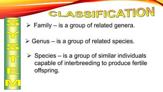  Family – is a group of related genera.
 Genus – is a group of related species.
 Species – is a group of similar individuals
capable of interbreeding to produce fertile
offspring.
 