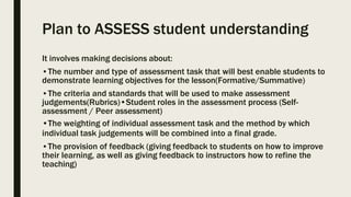 Plan to ASSESS student understanding
It involves making decisions about:
•The number and type of assessment task that will best enable students to
demonstrate learning objectives for the lesson(Formative/Summative)
•The criteria and standards that will be used to make assessment
judgements(Rubrics)•Student roles in the assessment process (Self-
assessment / Peer assessment)
•The weighting of individual assessment task and the method by which
individual task judgements will be combined into a final grade.
•The provision of feedback (giving feedback to students on how to improve
their learning, as well as giving feedback to instructors how to refine the
teaching)
 