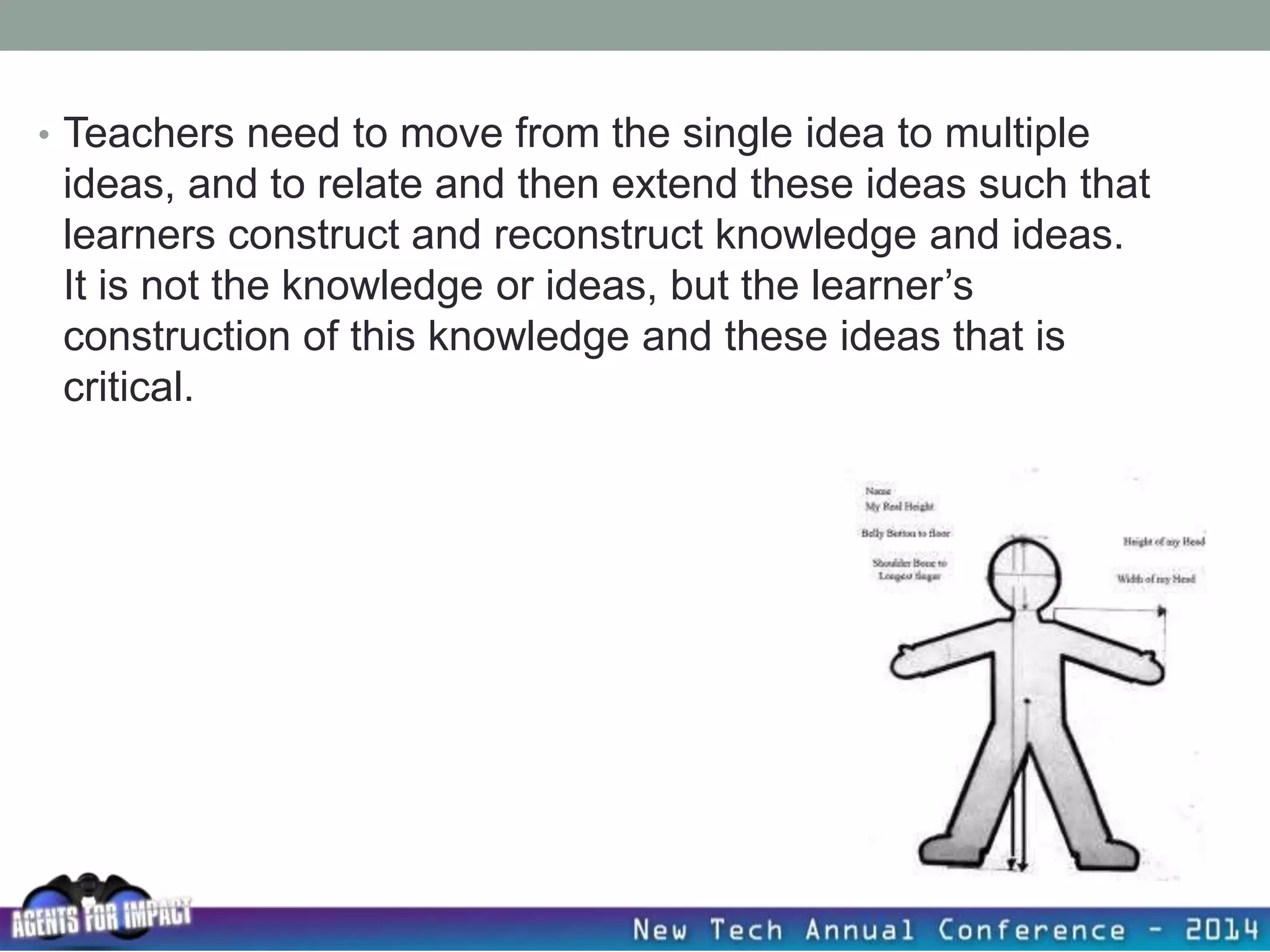 • Teachers need to move from the single idea to multiple
ideas, and to relate and then extend these ideas such that
learners construct and reconstruct knowledge and ideas.
It is not the knowledge or ideas, but the learner’s
construction of this knowledge and these ideas that is
critical.
 