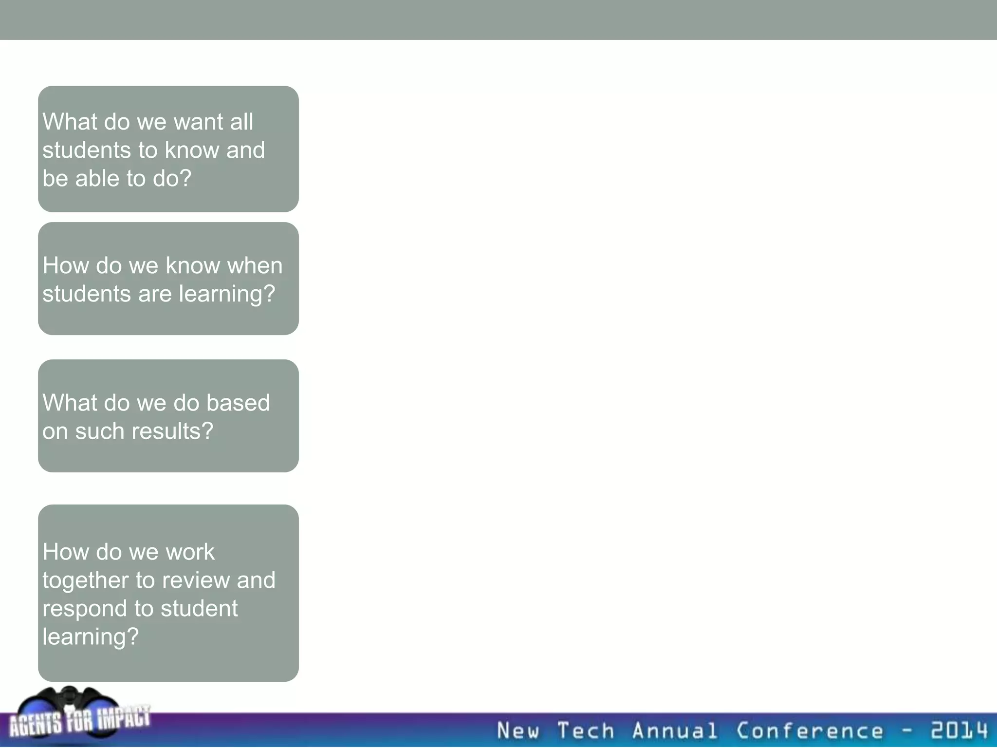 What do we want all
students to know and
be able to do?
How do we know when
students are learning?
What do we do based
on such results?
How do we work
together to review and
respond to student
learning?
 