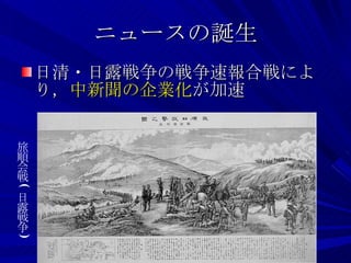 ニュースの誕生 日清・日露戦争の戦争速報合戦により， 中新聞の企業化 が加速 旅順会戦 ( 日露戦争 ) 