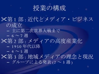 授業の構成 第 1 部 : 近代とメディア・ビジネスの成立 主に第二次世界大戦まで 6 ～ 7 週 第 2 部 : メディアの高度産業化 1950 年代以降 4 ～ 5 週 第 3 部 : 地域メディアの理念と現況 グループによる発表 (2 ～ 3 週 ) 