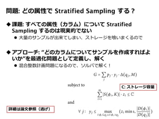 問題: どの属性で Stratified Sampling する？
課題: すべての属性（カラム）について Stratified
Sampling するのは現実的でない
 大量のサンプルが出来てしまい、ストレージを喰いまくるので
アプローチ: “どのカラムについてサンプルを作成すればよ
いか”を最適化問題として定義し、解く
 混合整数計画問題になるので、ソルバで解く！
詳細は論文参照（逃げ）
C: ストレージ容量
 