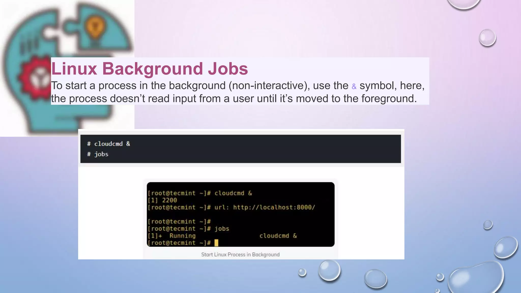 Linux Background Jobs
To start a process in the background (non-interactive), use the & symbol, here,
the process doesn’t read input from a user until it’s moved to the foreground.
 