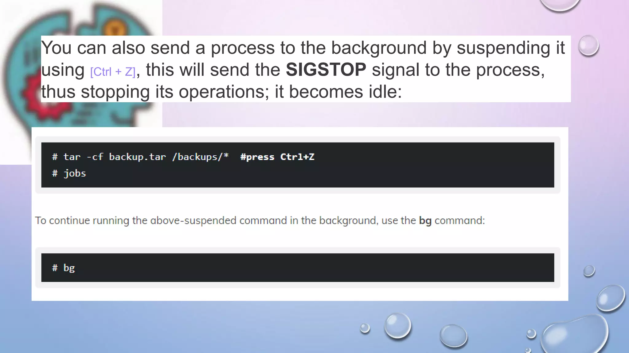 You can also send a process to the background by suspending it
using [Ctrl + Z], this will send the SIGSTOP signal to the process,
thus stopping its operations; it becomes idle:
 